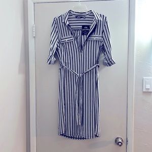 Mlle Gabrielle Women's Large White Black Striped Button Down Shirt Dress NWT